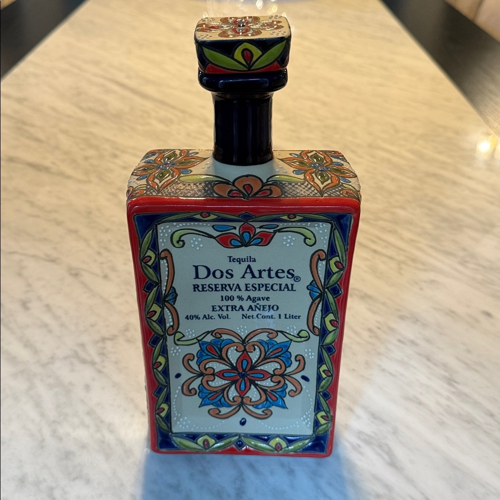 Dos Artes Tequila Bottle with Colorful Design. EMPTY 
1 Liter. Good for decor